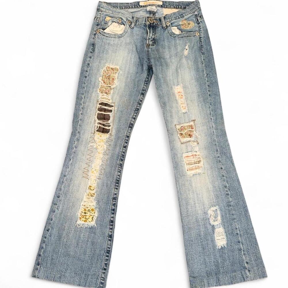 2000s Z Cavaricci Boho Low Rise Floral Patchwork Flare Jeans Distressed Size 9 M